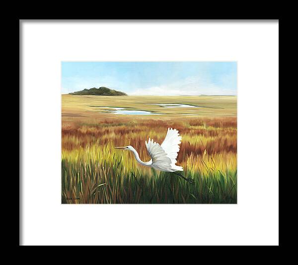 Egret Framed Print featuring the painting Egret In Flight by Glenda Cason
