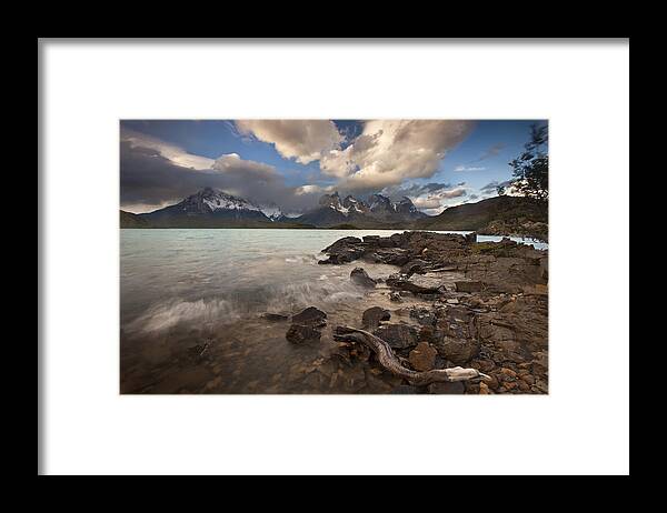00451383 Framed Print featuring the photograph Evening Light Lago Pehoe In Torres Del by Colin Monteath