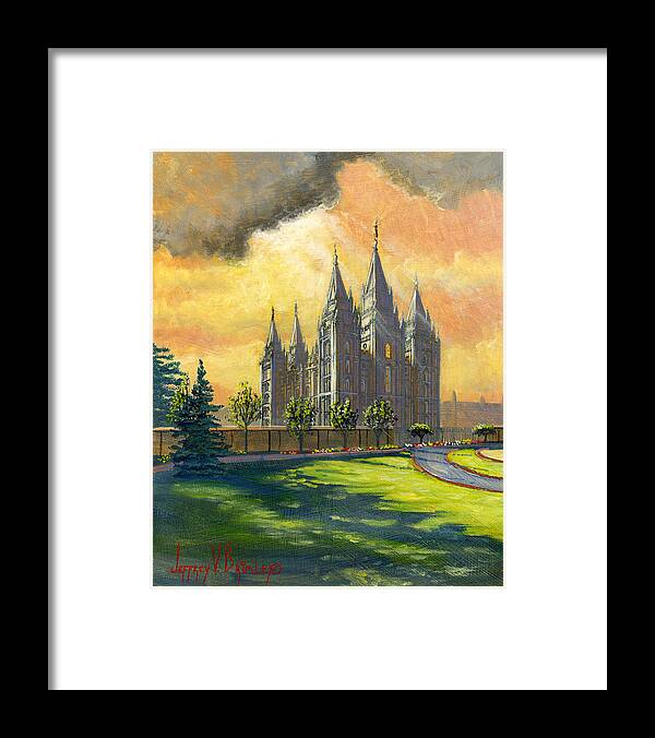 Salt Lake Temple Framed Print featuring the painting Evening Splendor by Jeff Brimley
