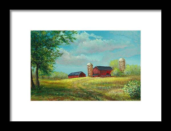 Landscapes Framed Print featuring the painting Red barns by Katalin Luczay