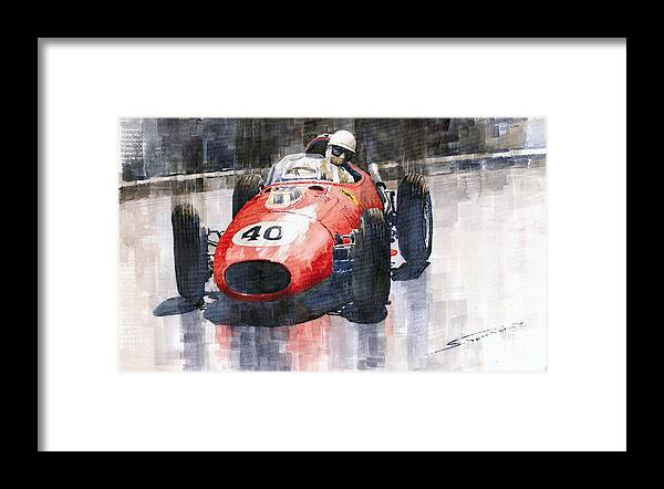 Watercolour Framed Print featuring the painting Ferrari Dino 246 F1 Monaco GP 1958 Wolfgang von Trips by Yuriy Shevchuk