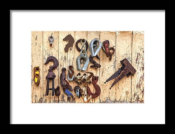 Mixed Media. Mixed Media Photography. Mixed Media Digtal Art. Digtal Art. Abstact Art. Abstact Photography. Abstact Wall Art. Digtal Pullys. Hooks. Old Hooks. Old Pullys. Old Wall Art. Old Antique Hooks. Antique Wall Art. Antique Digtal Photography. Antique Tools.  Framed Print featuring the photograph Find 2006 by James Steele