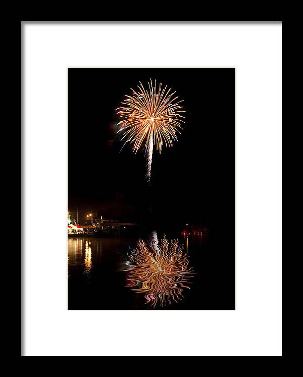 Fireworks Framed Print featuring the photograph Fireworks Over Lake by Cindy Haggerty