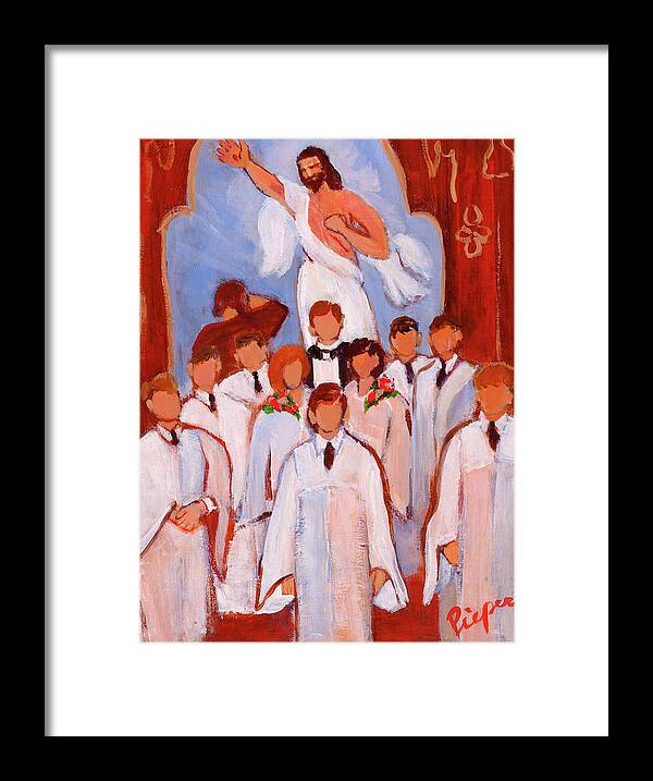 Young People In Religious Rite Framed Print featuring the painting For the Love of God and Grandma by Elzbieta Zemaitis