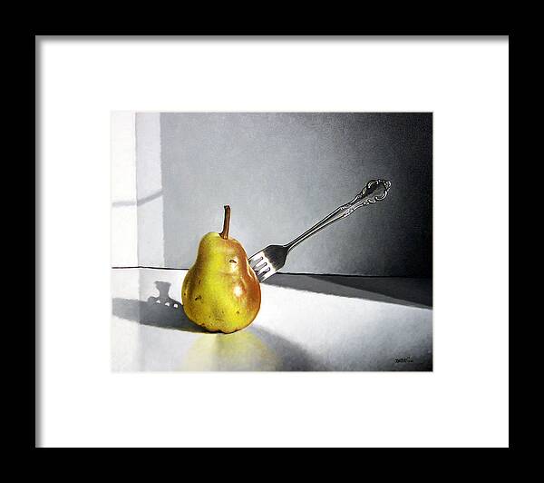 Pear Framed Print featuring the painting Fork and Pear by Matthew Martelli