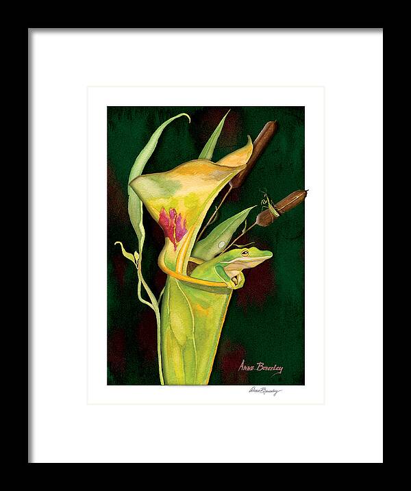 Pitcher Plant Framed Print featuring the painting Frog in Green Pitcher Plant by Anne Beverley-Stamps