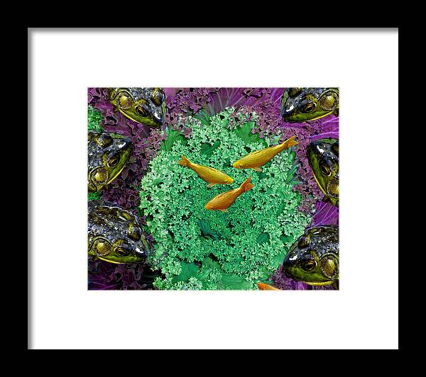 Kale Framed Print featuring the mixed media Froggery 2 With Koi by Lynda Lehmann