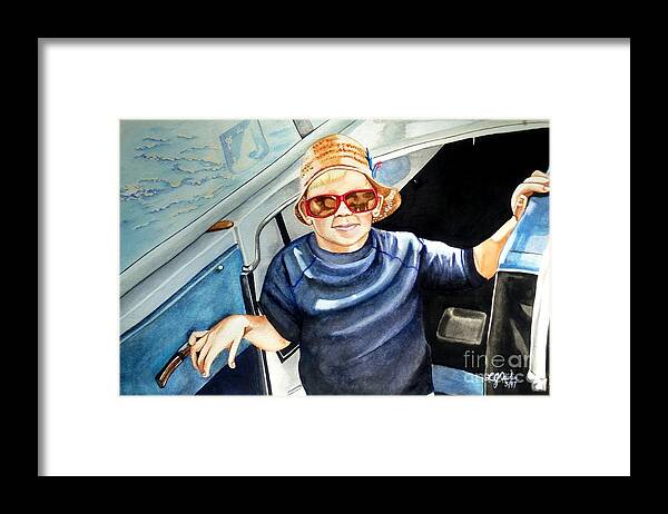Portrait  Framed Print featuring the painting Fun on Grandpa's Boat by Linda Gustafson-Newlin