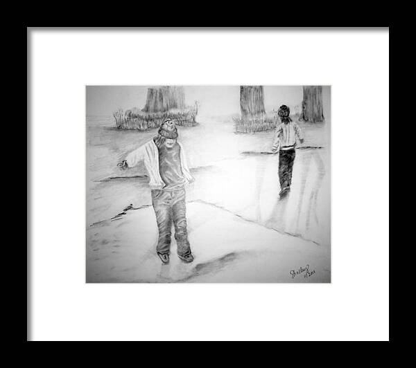 Children Framed Print featuring the drawing Fun on the ice by Shelley Bain