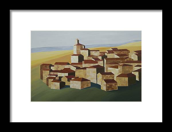 Spain Village Abstract Geometric Framed Print featuring the painting Cubist Village Spain by John Farley