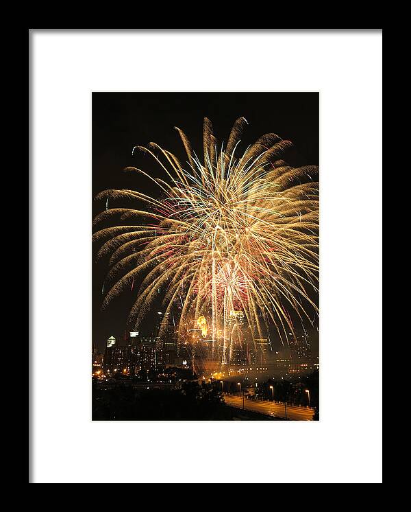 Fireworks Framed Print featuring the photograph Golden Fireworks Over Minneapolis by Hermes Fine Art