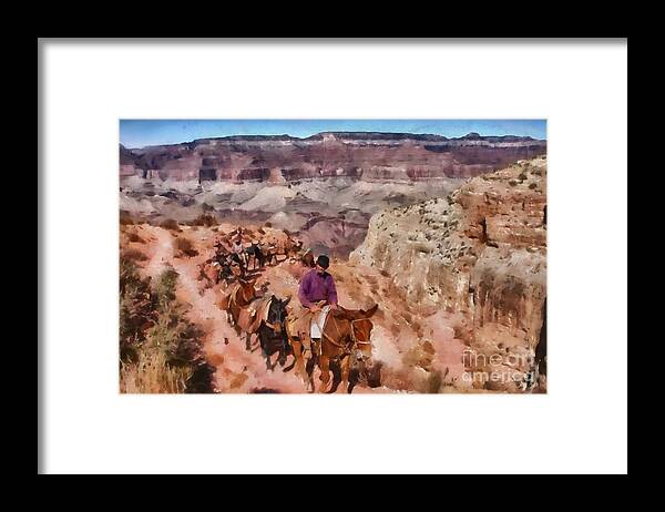 Grand Canyon Paintings Framed Print featuring the digital art Grand Canyon Mule Packtrain by Mary Warner