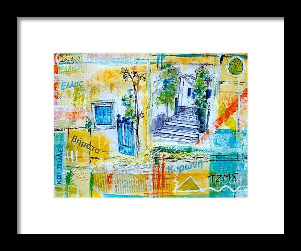 Greece Framed Print featuring the painting Greek Collage - Pathways by Jackie Sherwood