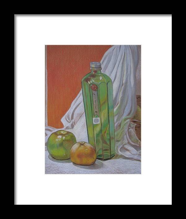 Green Bottles Framed Print featuring the painting Green Bottle and Fruit. by Meera Raman