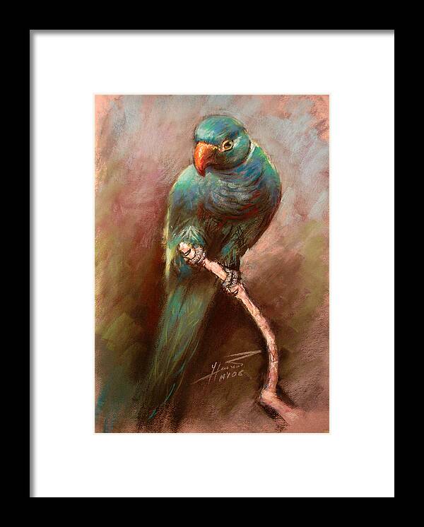 Green Parrot Framed Print featuring the pastel Green Parrot by Ylli Haruni