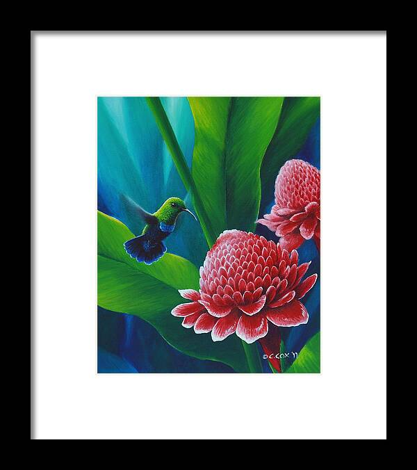 Green-throated Carib Framed Print featuring the painting Green-throated Carib and torch lilies by Christopher Cox