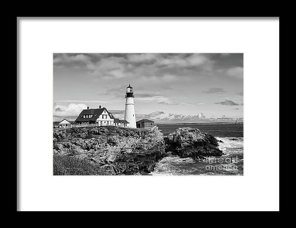 Lighthouse Framed Print featuring the photograph Guarding Ship Safety bw by Sue Karski