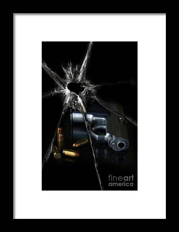 Gun Framed Print featuring the photograph Handgun Bullets and Bullet Hole by Jill Battaglia