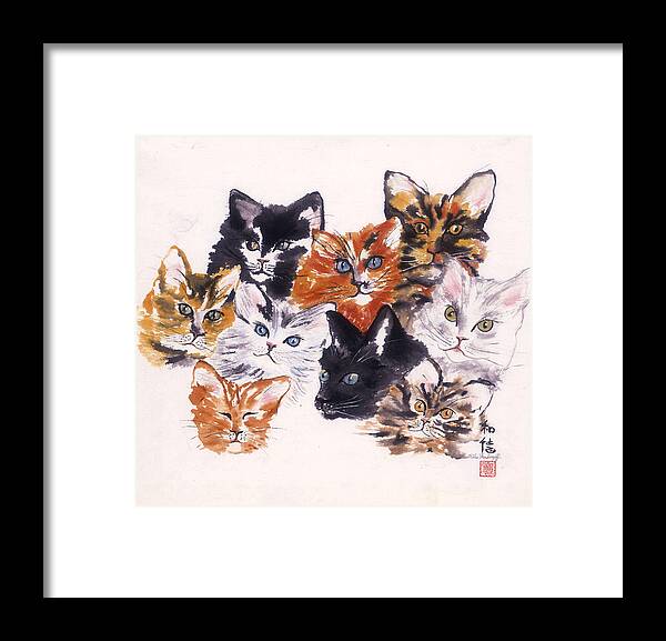 Tabby Framed Print featuring the painting Happy Cats by Hilda Vandergriff