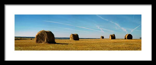 Haybales Framed Print featuring the photograph Haybales and Jet Trails by Rod Seel