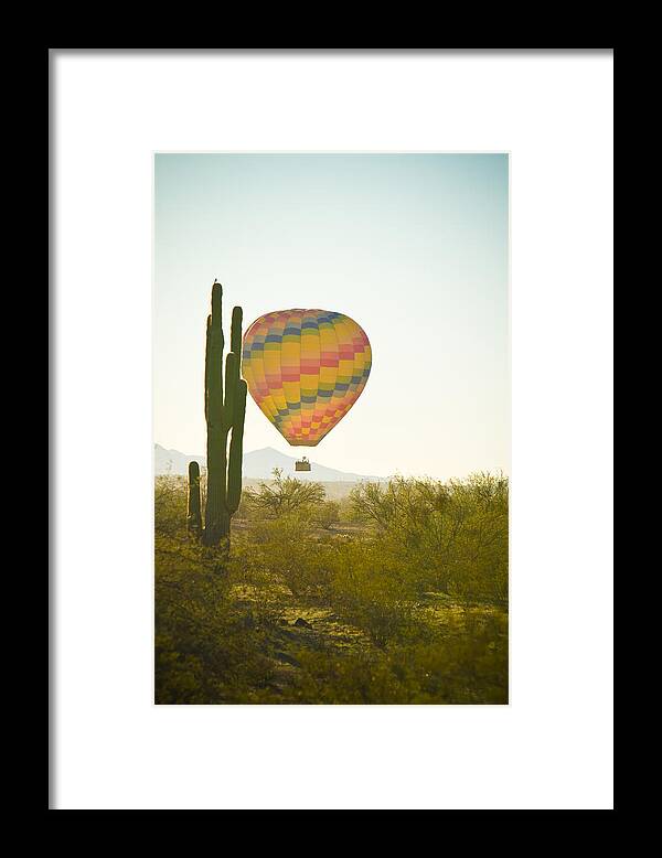 Arizona Framed Print featuring the photograph Hot Air Balloon over the Arizona Desert With Giant Saguaro by James BO Insogna
