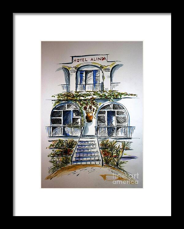Hotel Alinda Framed Print featuring the painting Hotel Alinda - Leros by Therese Alcorn