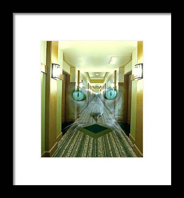 Mixed Media. Mixed Media Cat Art. Mixed Media Hotel Photography. Digtal Art. Digtal Cat Photography. Green Eye Cats. Mixed Media Abstact Photography. Super Natural Art. Ghost Cats. Ghost Abstacts. Cat Eyes. Green Cat Eyes Photography. Hotel Hallways. Ghost Hallways. Cat Greeting Cards. Abstact Greeting Cards. Framed Print featuring the digital art Hotel California by James Steele