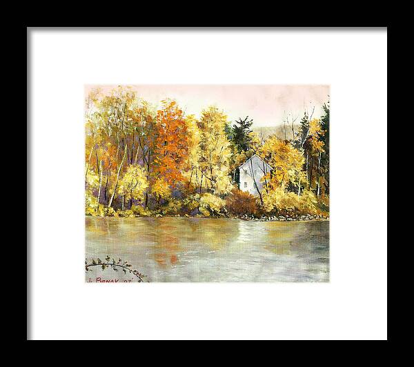Autumn Framed Print featuring the painting House by the River by John Pirnak