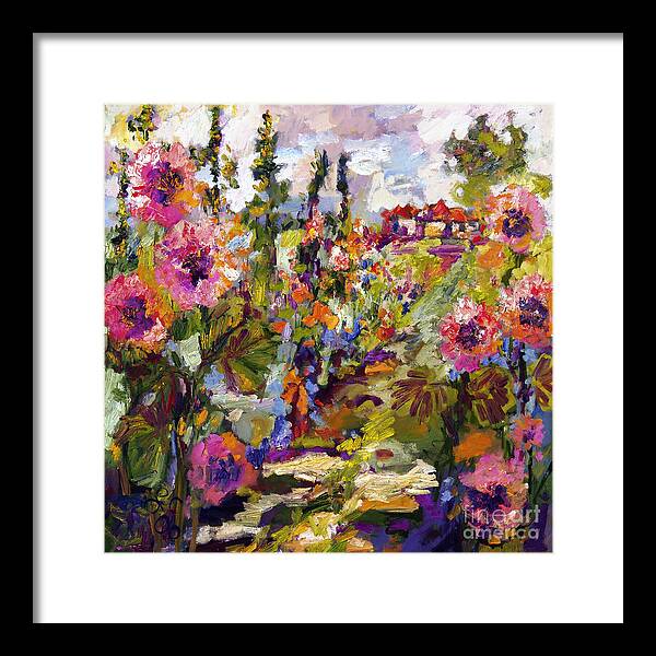 Hollyhock Framed Print featuring the painting Impressionist Garden Path and Hollyhock by Ginette Callaway