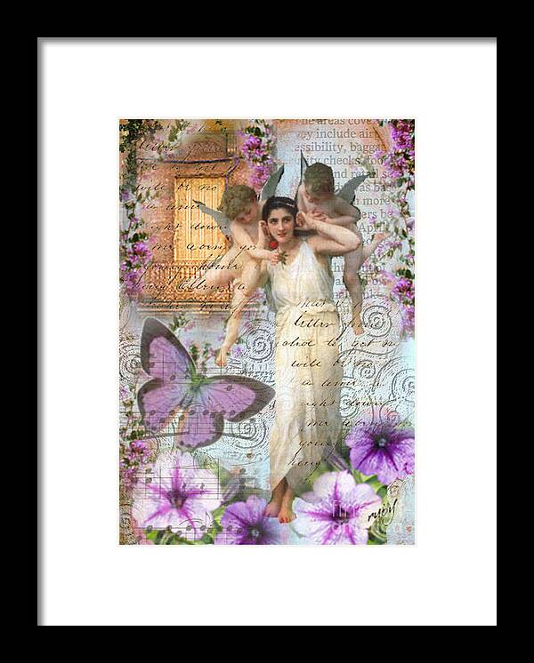 Purple;flowers;angels;lady;butterfly;window;script;music Framed Print featuring the digital art Innocence of 1890 by Ruby Cross