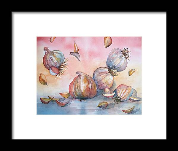 Sandy Collier Framed Print featuring the painting Its Raining Garlic by Sandy Collier