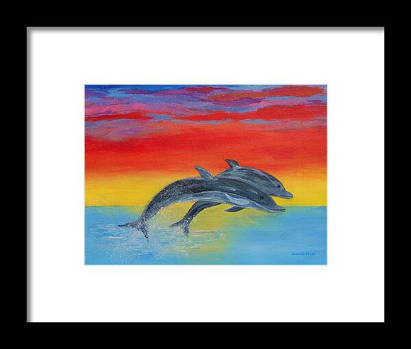 Sunset Framed Print featuring the painting Jumping Dolphins Right by Jamie Frier