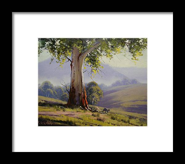Gum Tree Framed Print featuring the painting Kangaroo and Gums by Graham Gercken