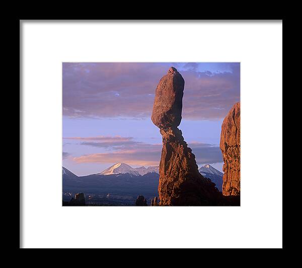 00177096 Framed Print featuring the photograph La Sal Mountains And Balanced Rock by Tim Fitzharris