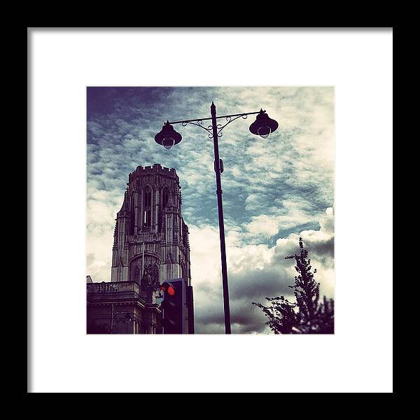 Building Framed Print featuring the photograph #lamp #light #lamppost #redlight by Heather Wood