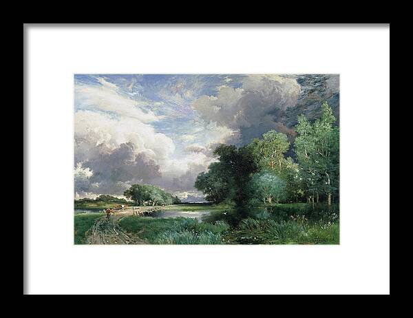 Rural; Remote; River; Riverbank; Dusk; Evening; Track; Road; Path; Journey; Traveller; Walking; Cattle; Homeward Bound; Countryside;landscape With A Bridge (oil On Canvas) By Thomas Moran (1837-1926) Wood Framed Print featuring the painting Landscape with a bridge by Thomas Moran