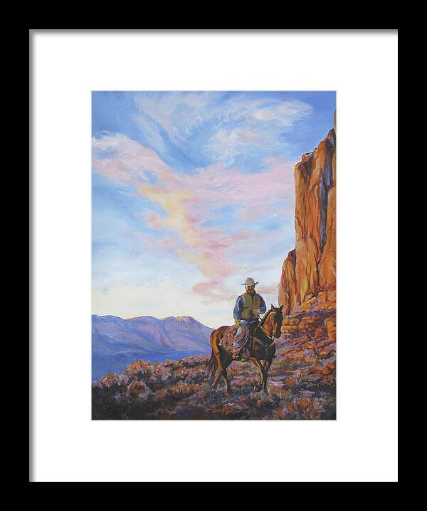 Rider Framed Print featuring the painting Last Light With a Mile to Go by Page Holland