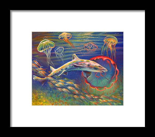 Leopard Shark Framed Print featuring the painting Leopard Shark and Jellyfish by Nancy Tilles