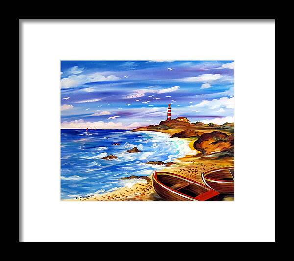 Landscape Framed Print featuring the painting Lighthouse Island by Roberto Gagliardi