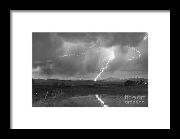 Awesome Framed Print featuring the photograph Lightning Striking Longs Peak Foothills 2BW by James BO Insogna