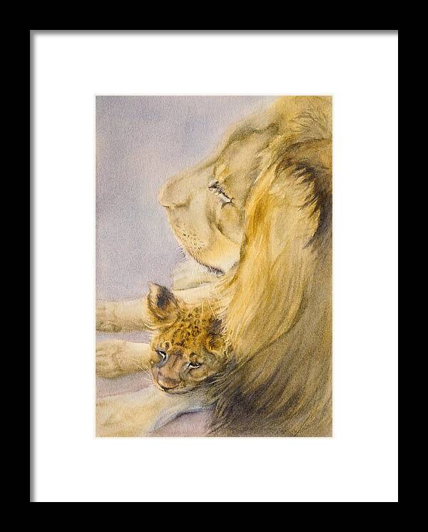 African Lion Framed Print featuring the painting Lion and Cub by Bonnie Rinier