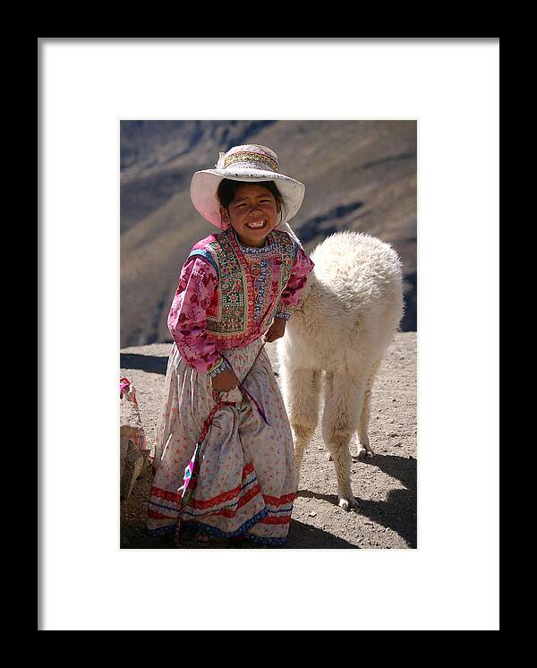 Girl Framed Print featuring the photograph Little girl and baby alpaca by RicardMN Photography
