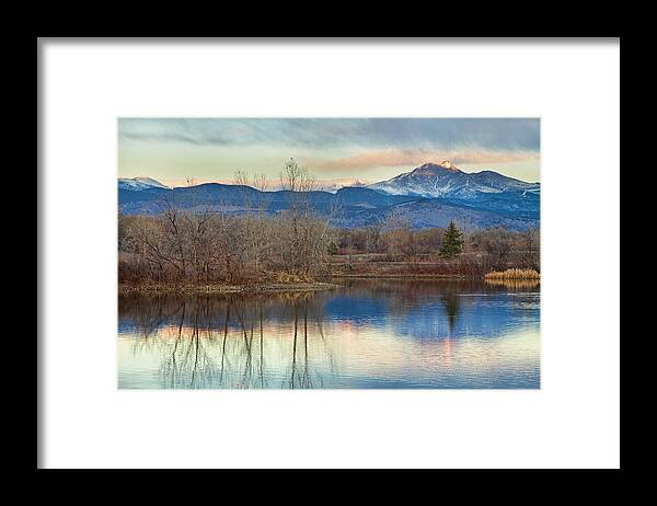 'twin Peaks' Colorado Framed Print featuring the photograph Longs Peak from Golden Ponds by James BO Insogna