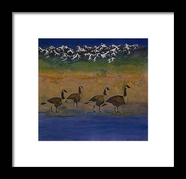 Geese. Migration Framed Print featuring the tapestry - textile Migration series geese 2 by Carolyn Doe