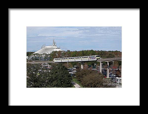 Travelpixpro Disney World Framed Print featuring the digital art Monorail and Space Mountain Magic Kingdom Walt Disney World Prints Poster Edges by Shawn O'Brien