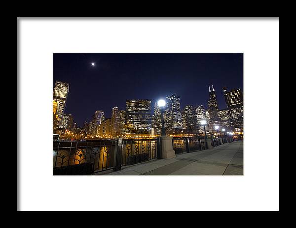 Chicago Skyline Framed Print featuring the photograph Moon and city lights by Sven Brogren