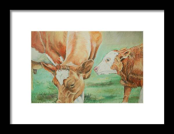 Cow Framed Print featuring the pastel Mother and baby by Teresa Smith
