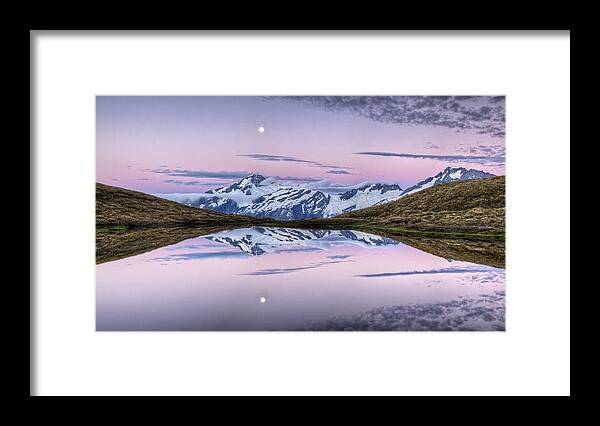 00441022 Framed Print featuring the photograph Mount Aspiring Moonrise At Dusk by Colin Monteath