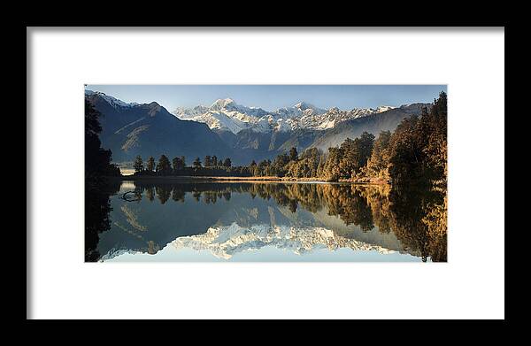 00438693 Framed Print featuring the photograph Mount Cook And Mount Tasman And Lake by Colin Monteath