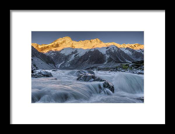 00439960 Framed Print featuring the photograph Mount Sefton And Hooker River At Dawn by Colin Monteath